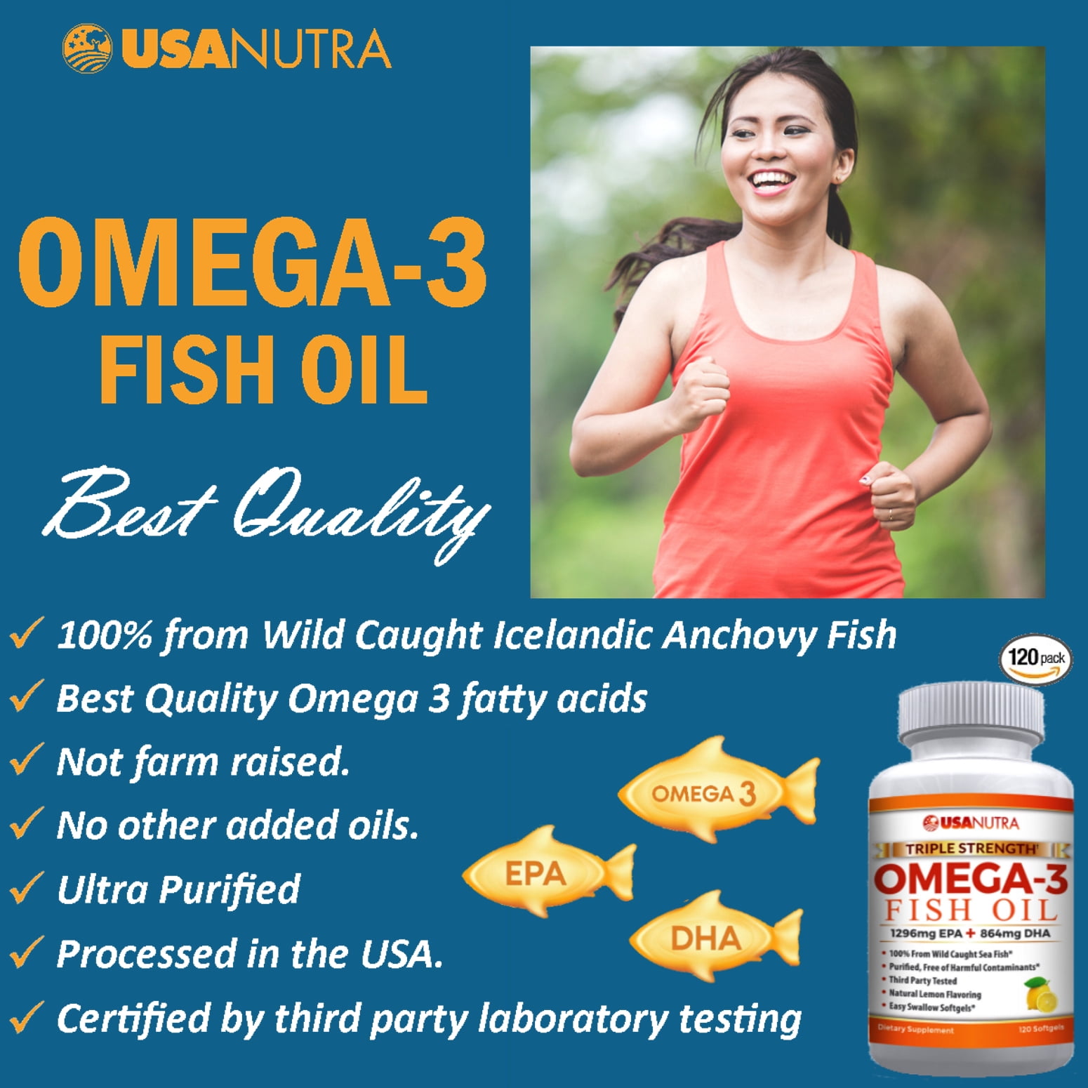 USANUTRA Omega 3 Fish Oil 3600mg Triple Strength Wild Caught Icelandic Anchovy Fish Oil.  120 Easy Swallow Softgels, 40 Day Supply