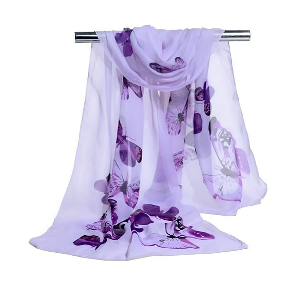 TELOLY Women Fashion Soft Wrap Shawl Silk Butterfly Flower Print Long Chiffon Scarf PURPLE