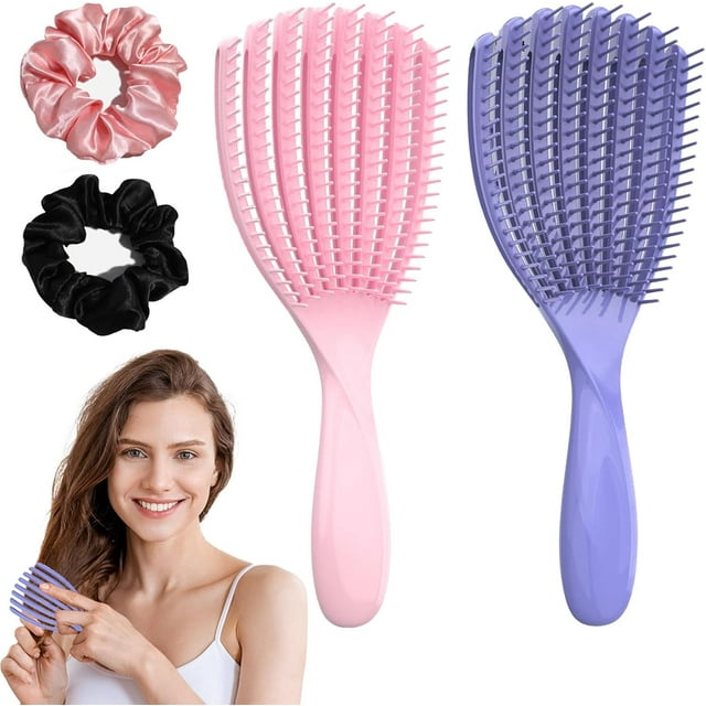 Cepillo para cabello rizado 2 piezas, Peine para cabello rizado para mujeres, con 2 pcs diademas de satén, Cepillo para cabello lacio, Adecuados para todo tipo de cabello (Morado+Rosa)