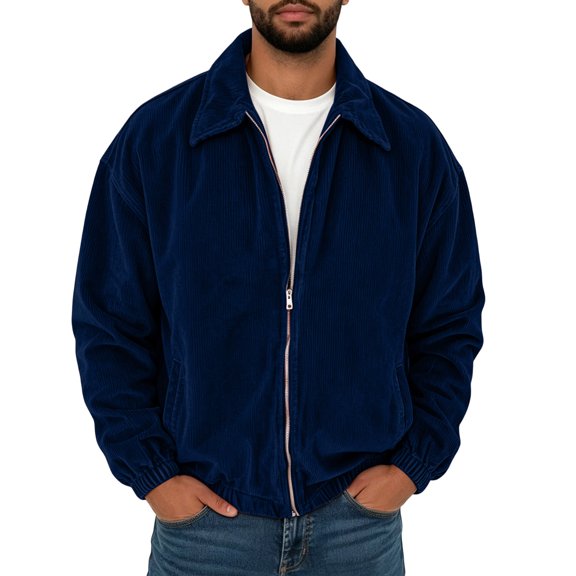 Qgtaibl Corduroy Jacket for Men Vintage Solid Color Zip Up Bomber Coat Loose Fit Lapel Causal Outwear with Pockets Navy L