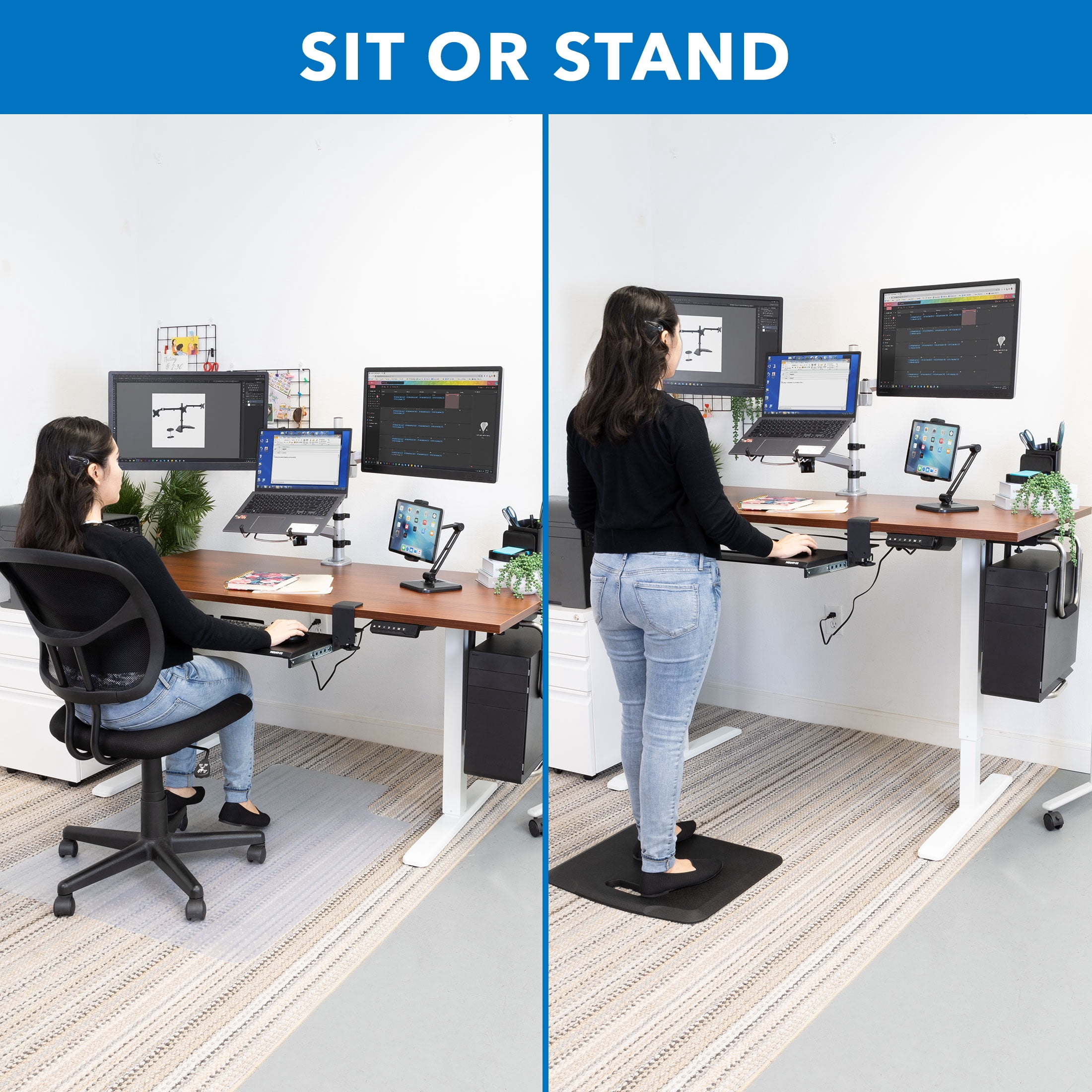 Mount-It! Electric Sit-Stand Desk Frame with Extra-Wide Brown Tabletop