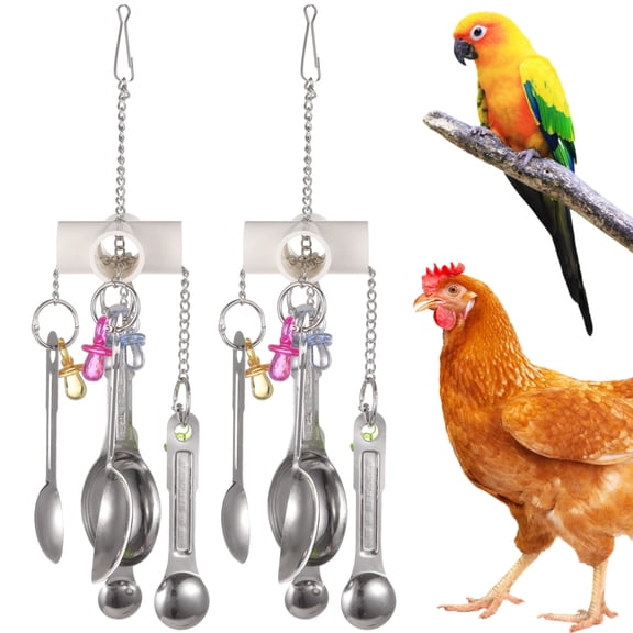 2PCS Chicken Enrichment Toys, Hanging Bird Toys with Metal Spoons, Colorful Chewing Foraging Toys, Poultry Coop Accessories for Chickens, Hens, Ducks, Parrots