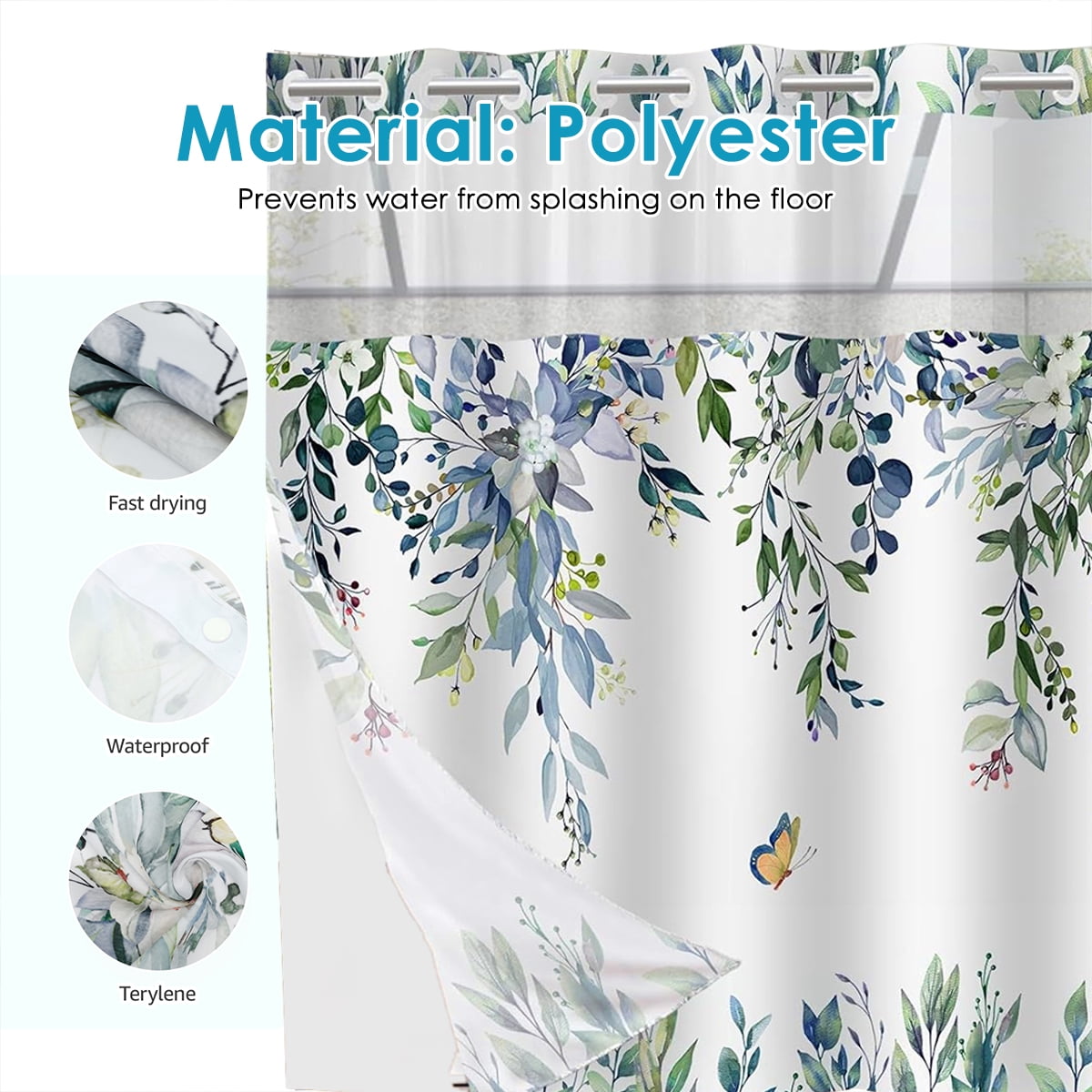 Dznils No Hook Shower Curtain with Snap-in Liner, Blue Eucalyptus Fabric Bathroom Curtain, 72" x 74"