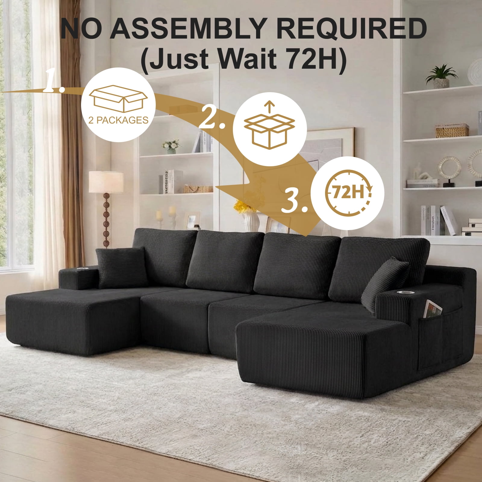 130" U-Shaped Boneless Modular Sectional Sofa with Chaise, 6 Pillows and Cup Holders