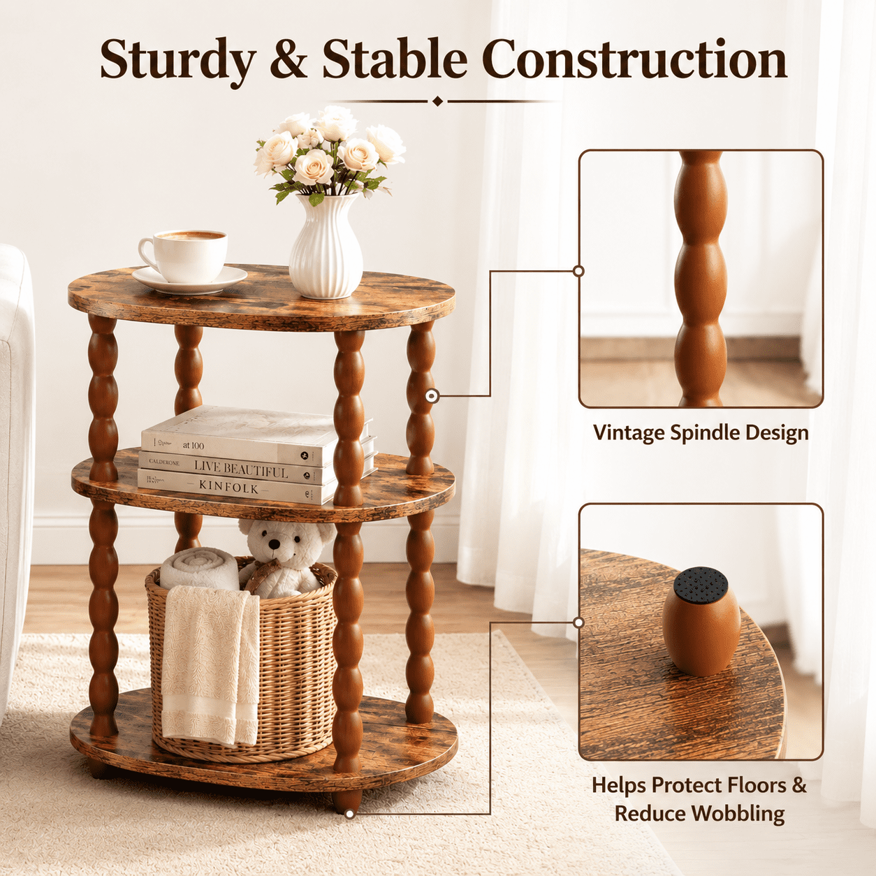 MEHOOM 3-Tier Side Table, Small End Table for Living Room and Bedroom, Vintage Accent Table Nightstand with Storage