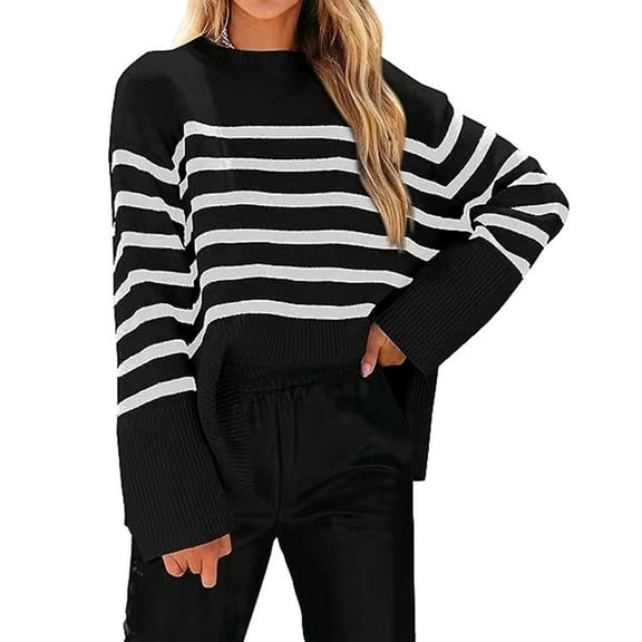 Women'S Striped Knit Oversized Fall Sweaters 2025 Trendy Clothes Crewneck Winter Pullover Sweater Side Split Black S