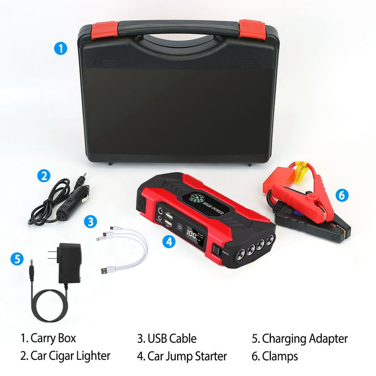 Inova 800a Car Jump Starter, 28000mAh Power Bank, LED Flashlight, 2 USB Ports, Black/Red