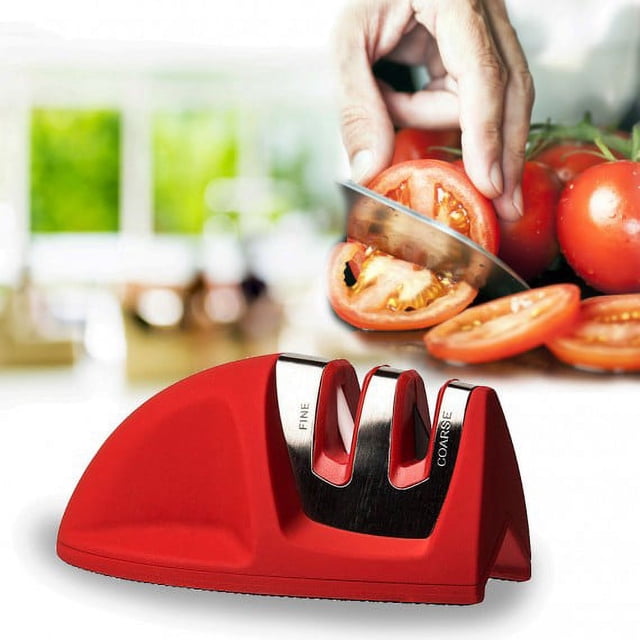 Afilador de Cocina Profesional 2 en 1 Afilador Manual para Cuchillos de Acero Inoxidable y Cerámica de Todos los Tamaños, Base Antideslizante Morado