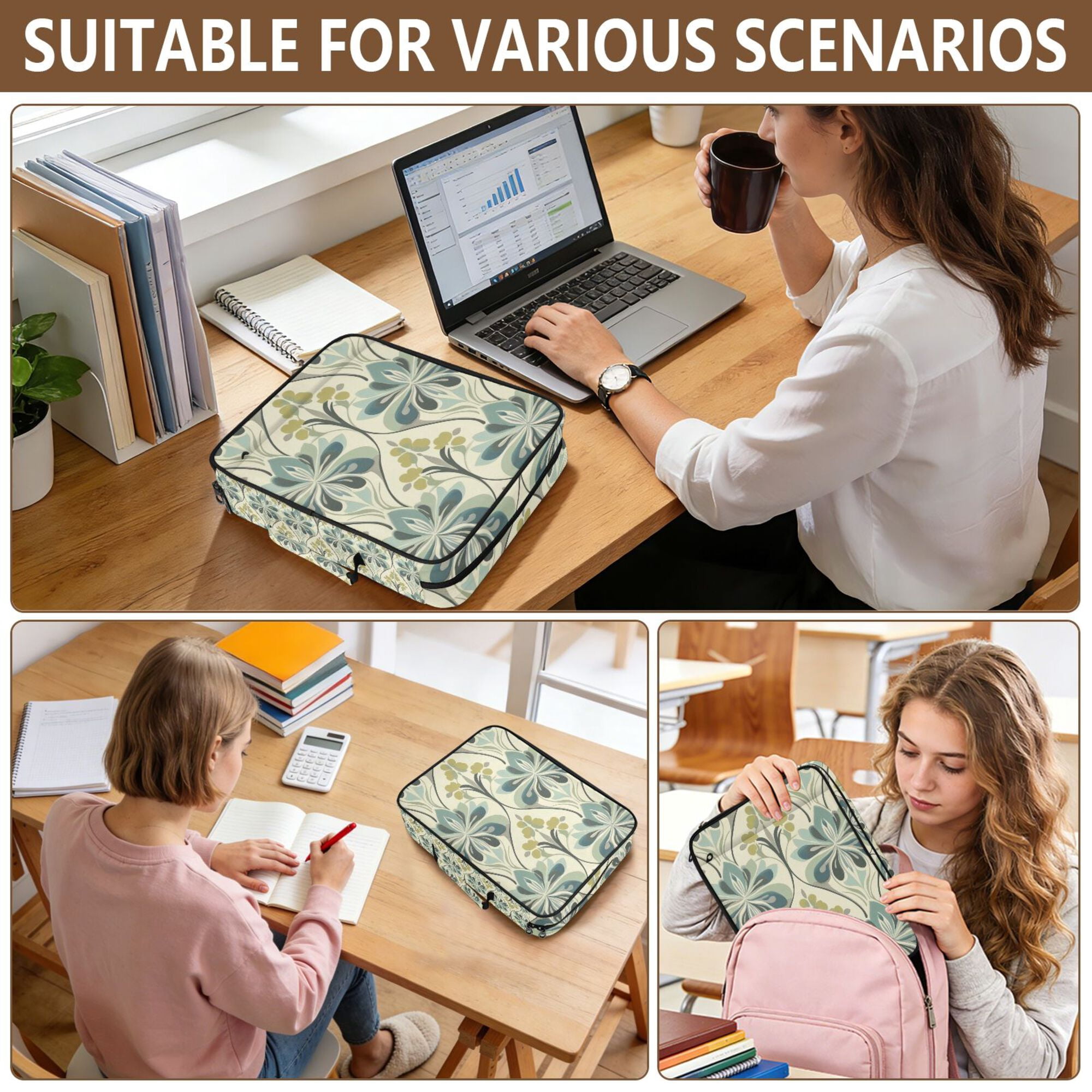 FORMRS Accordion File Folder A4 Size 7-Pocket Expanding Document Organizer Bag with 3 Ring Binder, Beige Floral Pattern