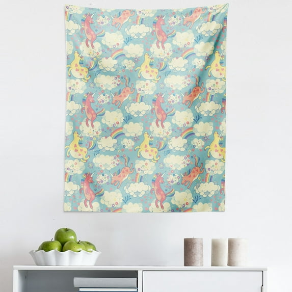 Pastel Tapestry, Rainbow Unicorns Flying in Sky with Clouds Cheerful Theme, Fabric Wall Hanging Decor for Bedroom Living Room Dorm, 5 Sizes, Multicolor, by Ambesonne