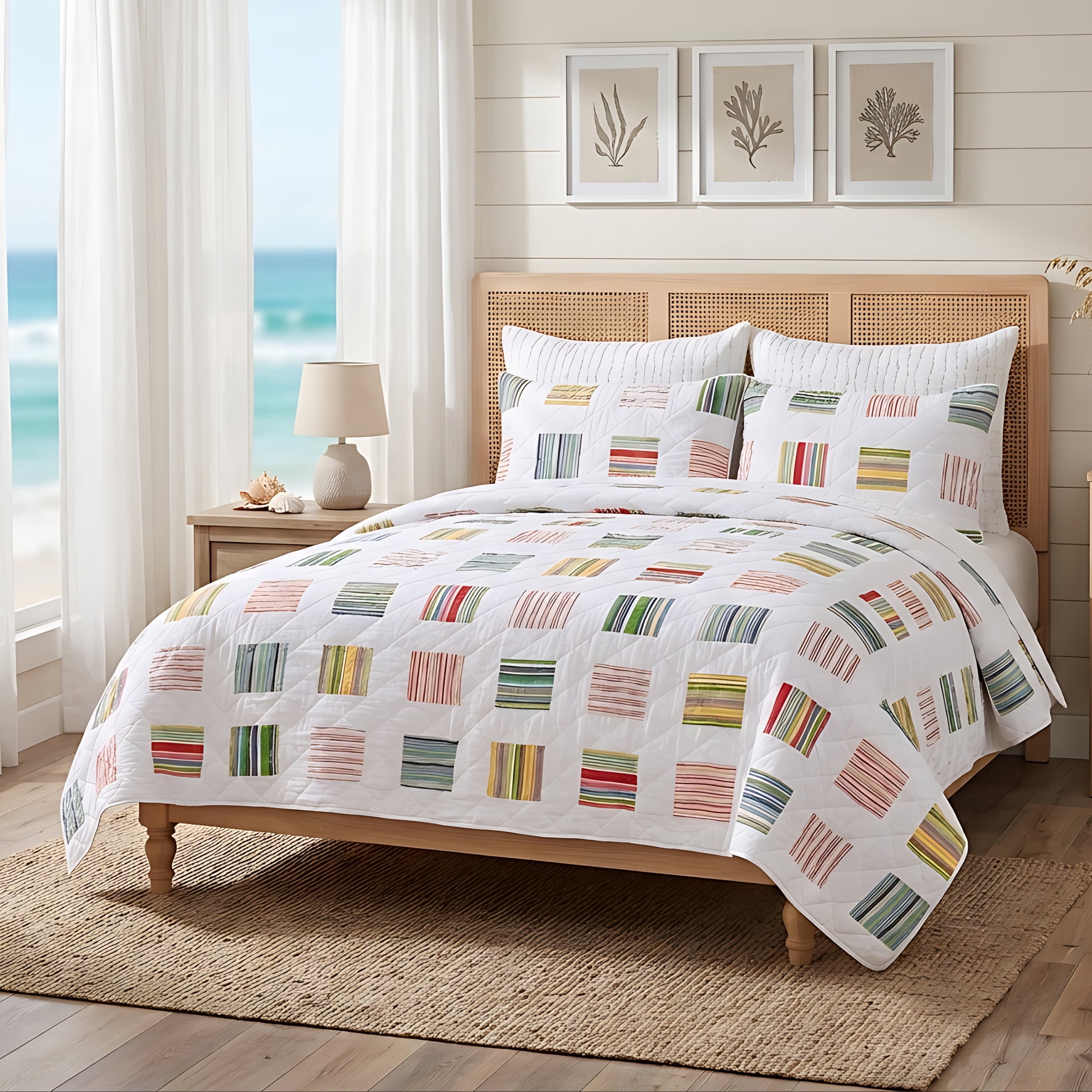 Greenland Home Sailor Modern Block Print Cotton Quilt Set, 3-Piece King, for Adults