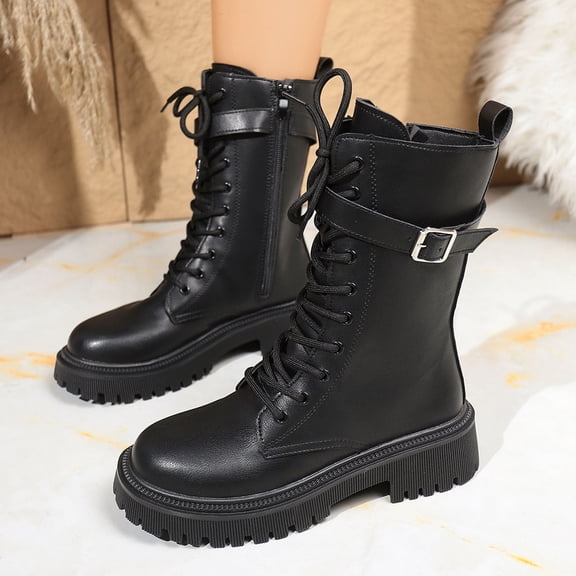 AVRNLIQ Womens Black Combat Boots Size 38 - Mid-Calf PU Style with Platform Sole, Lace-Up & Side Zipper, Treaded Sole for All-Day Comfort