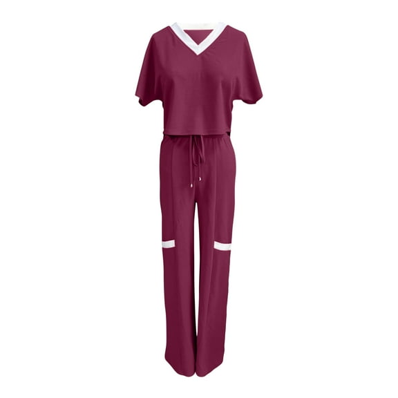 SELONE Lounge Sets for Women 2 Piece Outfits Dressy Pants Sets ’s Casual Fashion Solid Color Short Sleeve Top High Waist Straight Leg Pants Commuting Two-piece Set 6-Purple M