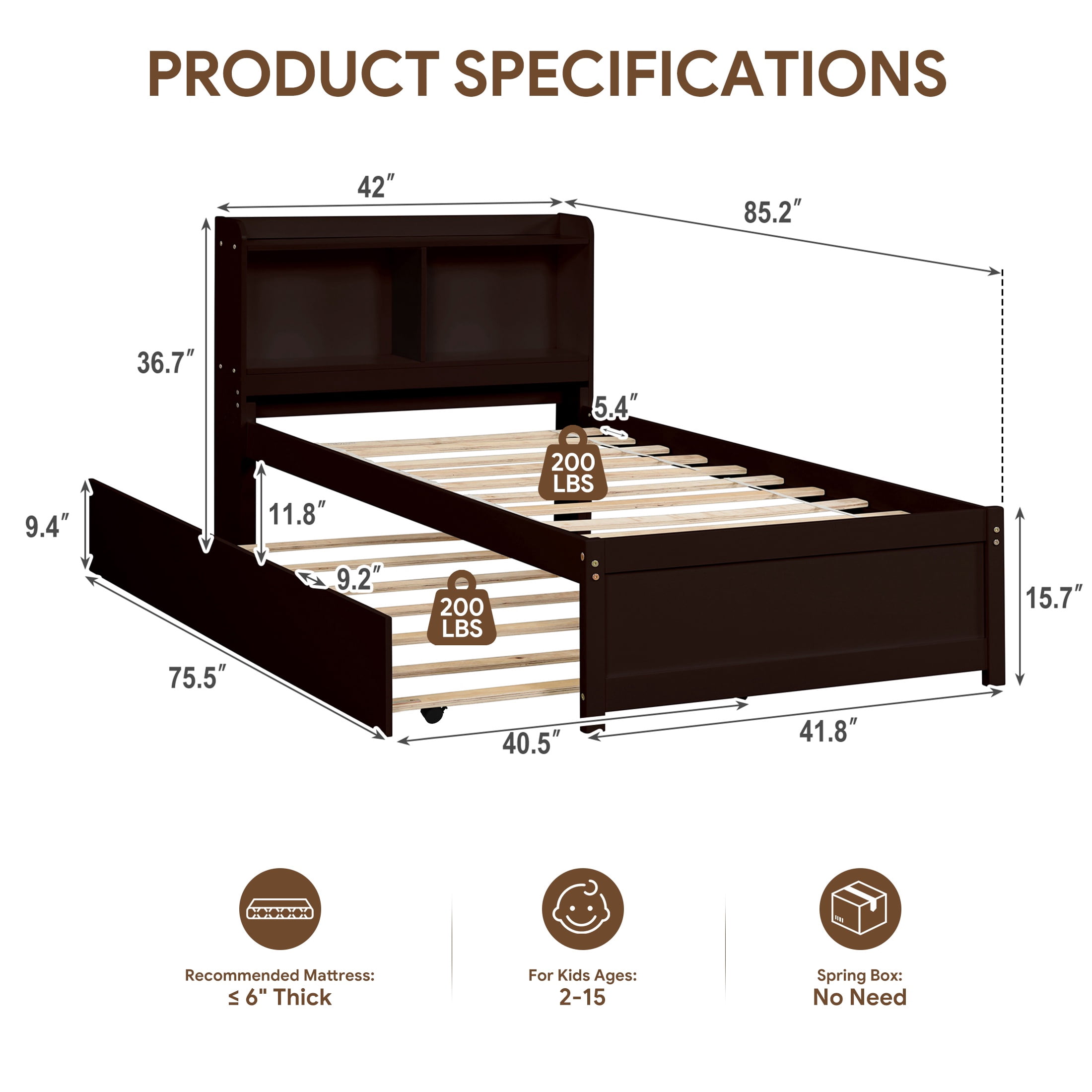UHOMEPRO Twin Trundle Bed with Storage Headboard, Espresso Trundle Bed Frame for Kids Girls Boys, Twin Bed with Trundle, No Box Spring Needed