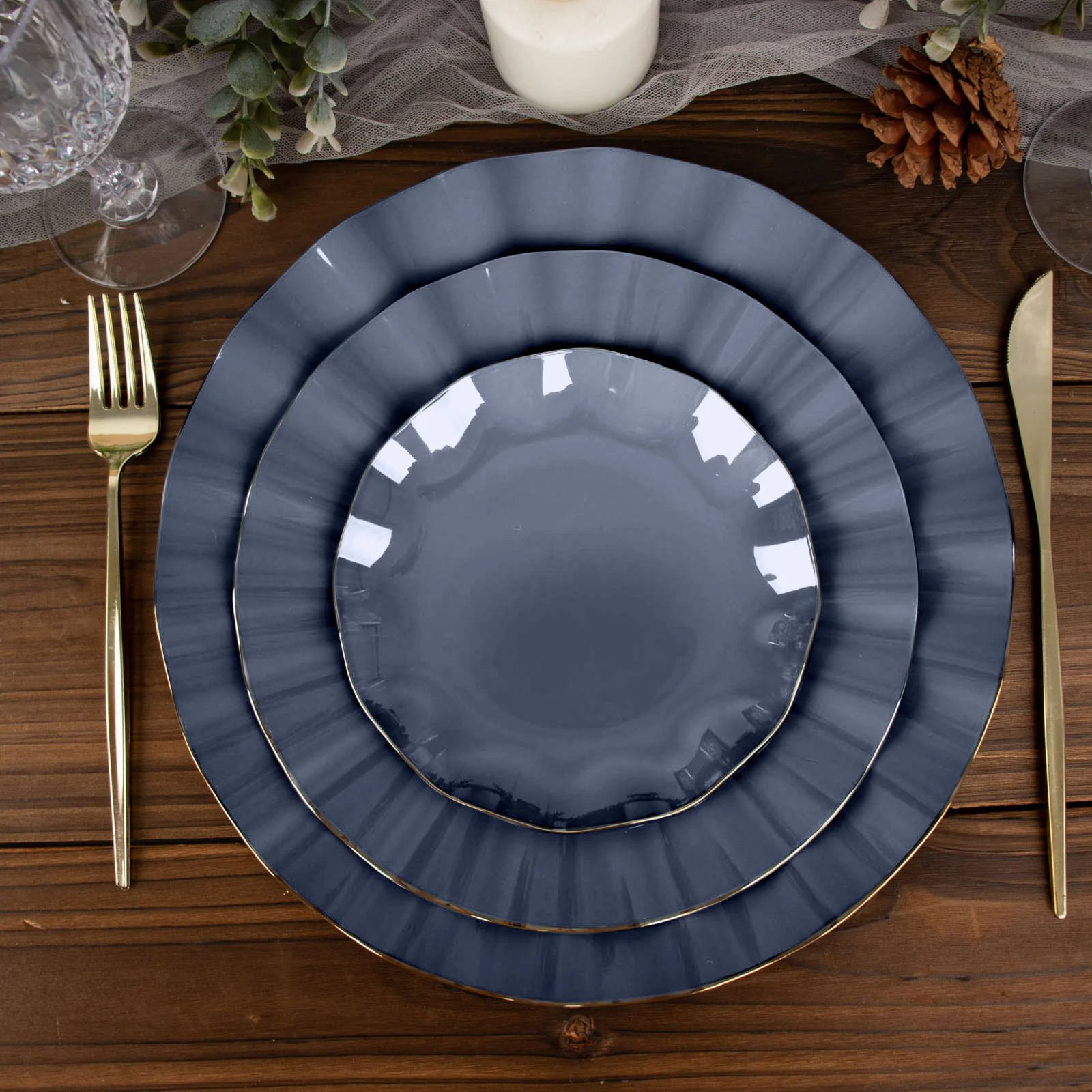 BalsaCircle 10 Navy Blue 6" Round Disposable Salad Dinner Plastic Plates Gold Wavy Trim Wedding