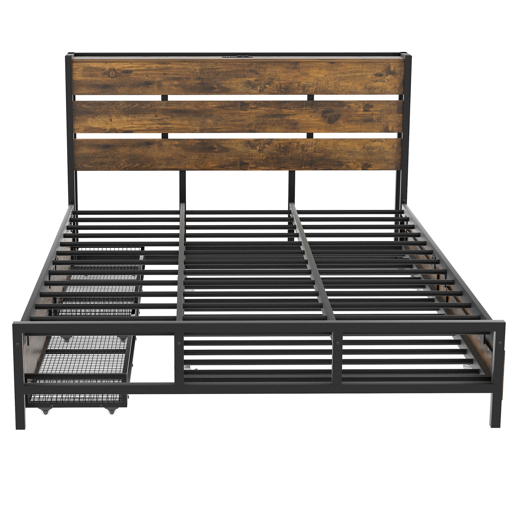Euroco Wood Metal Queen Size Platform Bed with Functional Headboard, 4 Storage Drawers, Charging Station and USB Ports, Black