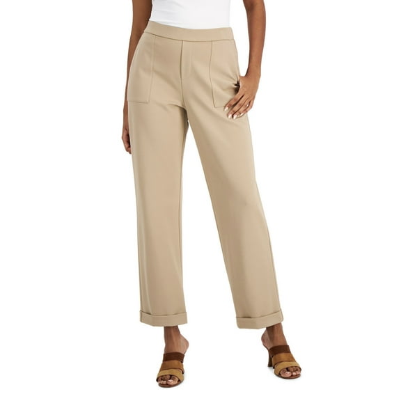 Alfani Women's Elastic Waistband Cuffed Straight-Leg Pants Fresh Almond Size M