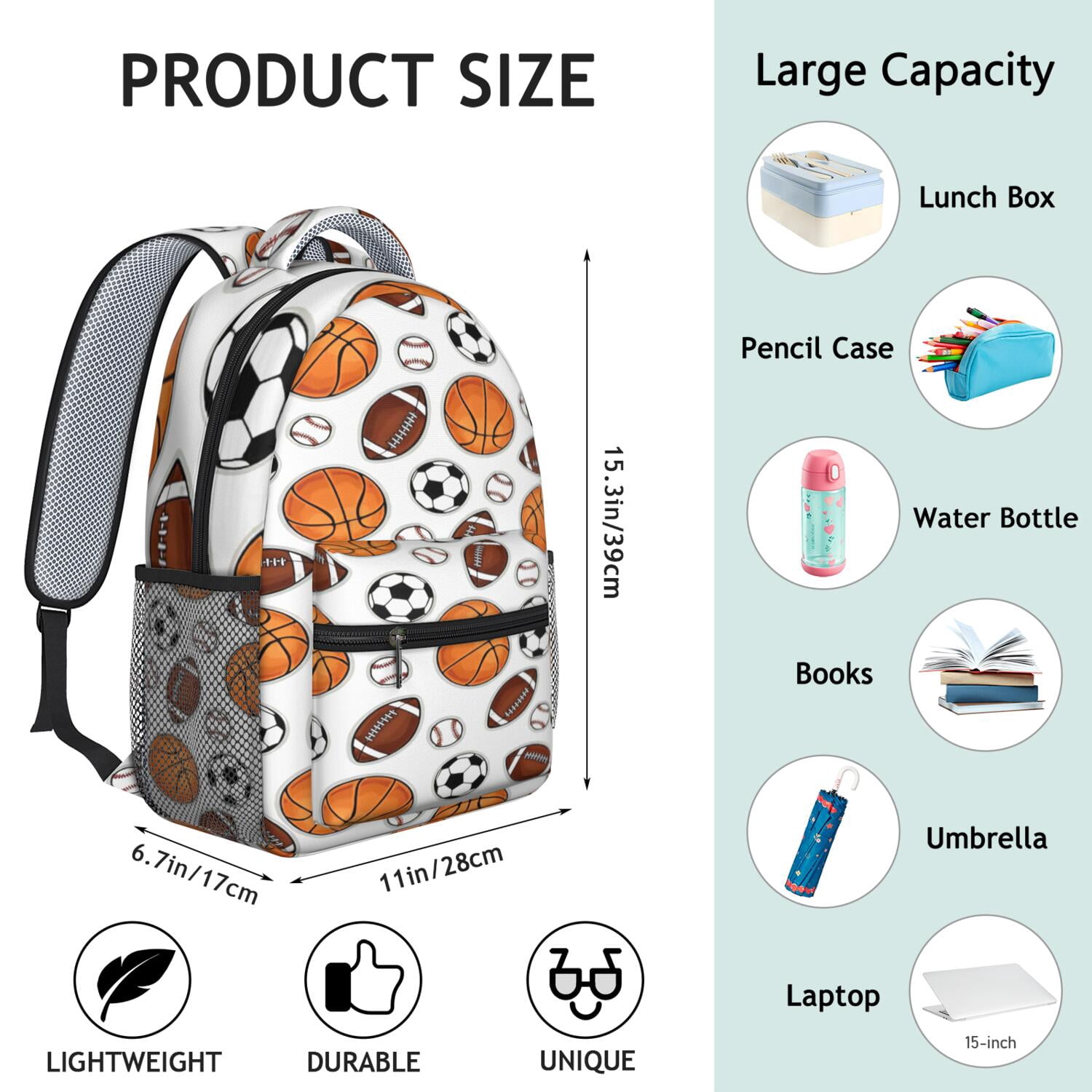 Sports Competition Print Backpack for Teens - Waterproof & Lightweight Student Backpack - Breathable Shoulder Straps for Baseball, Soccer, Football