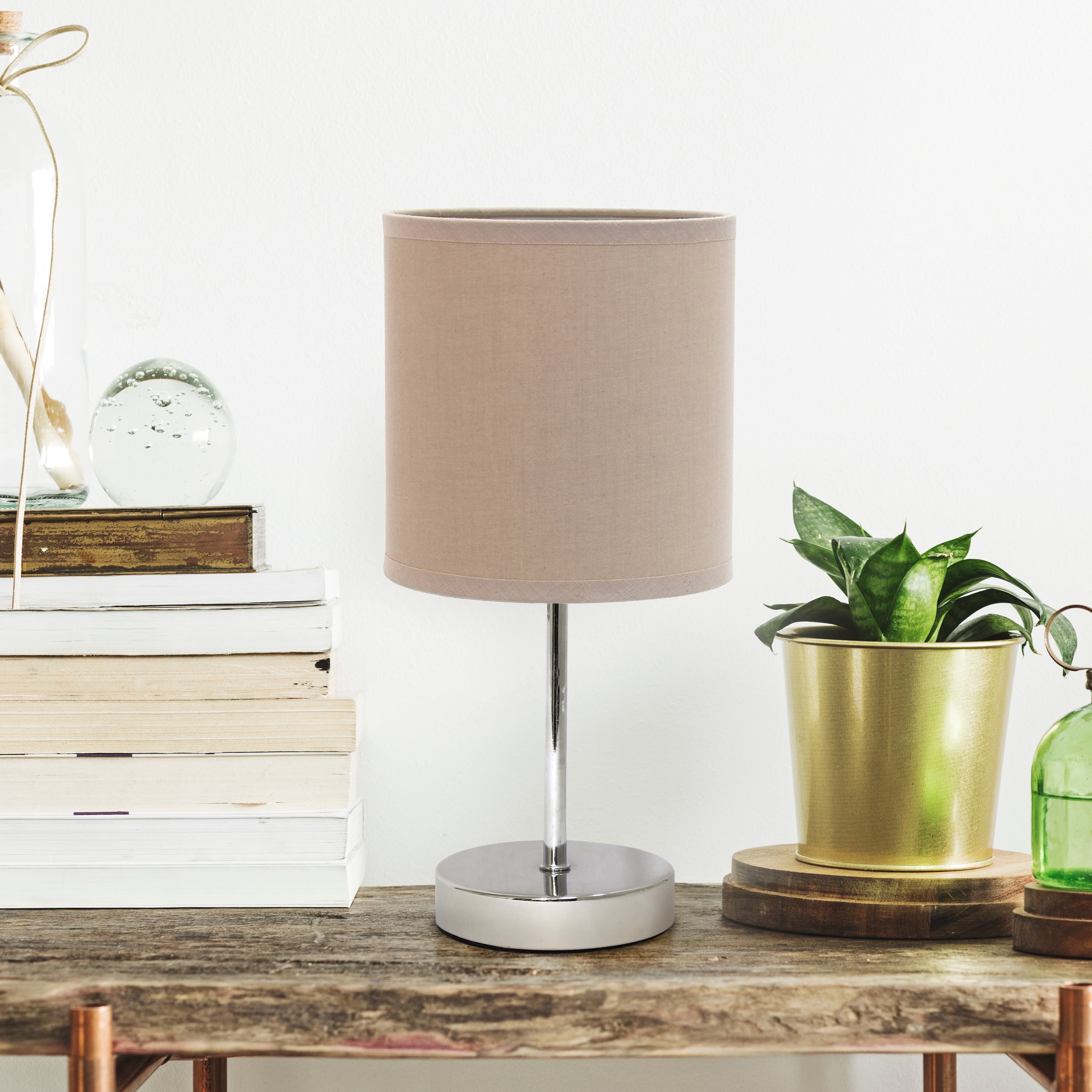 Creekwood Home 11.81" Chrome Petite Metal Stick Table Lamp with LED Bulb, Gray Beige Shade