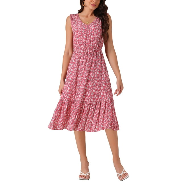 Vestido de verano bohemio para mujer Inspire Chic, con escote en V, estampado floral, midi en capas, casual, rojo, talla M