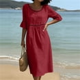 thumbnail image 5 of Guieoi Womens Dresses Plus Size Round-Neck Solid-Color Cotton-Linen Short-Sleeve Lace-Trimmed Ruffled-Sleeve Dress Red L, 5 of 6