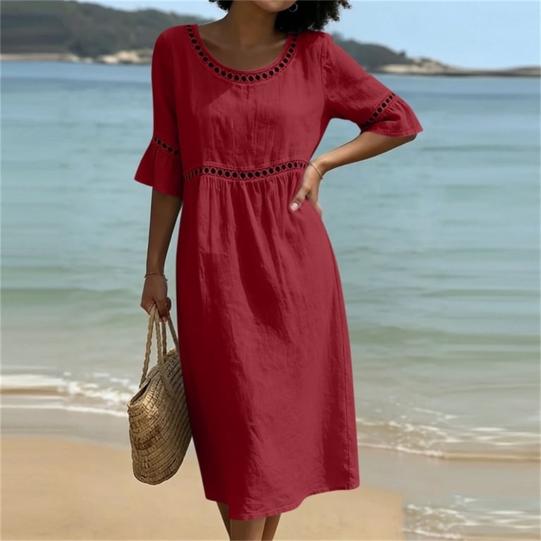 classic cotton summer dresses Haiming Women's Cotton Linen Maxi Dresses V Neck Sleeveless Solid Color Classic Dresses Summer Vacation Dresses with Side Slit, Size: Medium, Brown