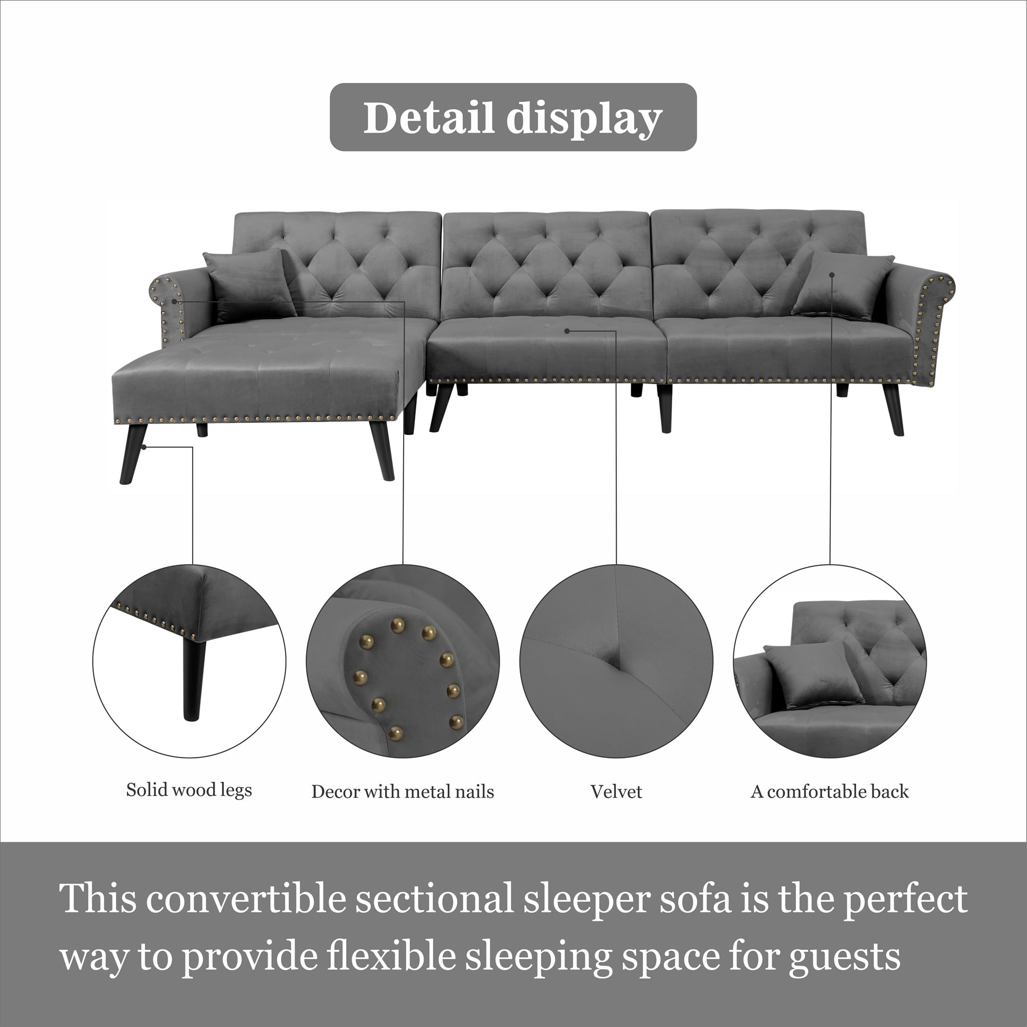 Aukfa 115" Velvet Sectional Sleeper Sofa for Living Room, Convertible Sofa Bed Queen, Dark Gray