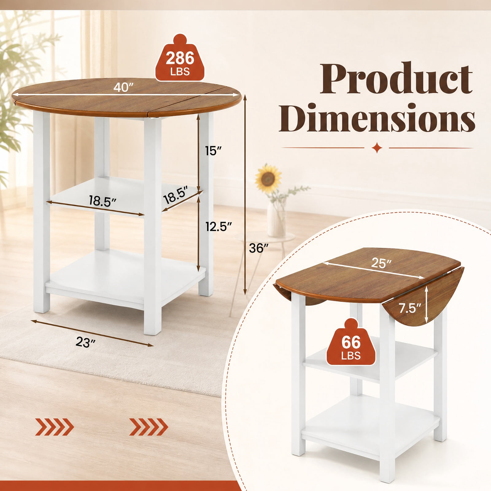 Furnibear Folding Round Drop Leaf Dining Table with 2 Storage Shelves and Solid Rubber Wood Legs for Small Spaces, White