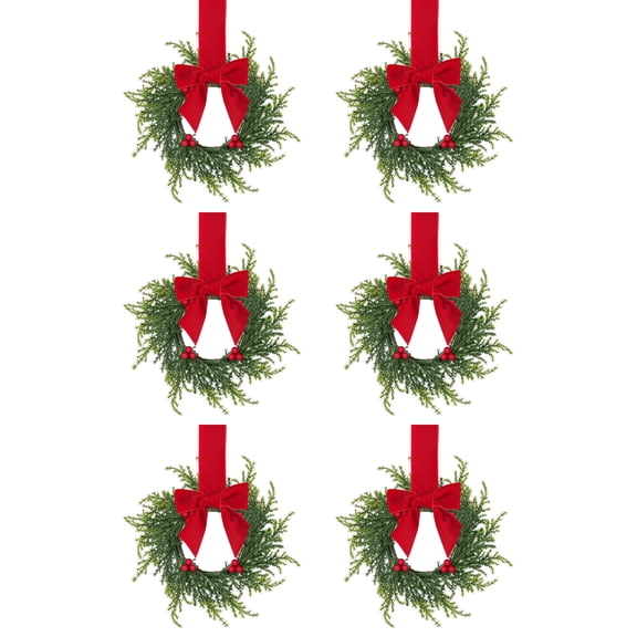 6 Pcs 10.6 Inch Mini Christmas Cabinet Wreaths, Artificial Norfolk Pine Small Wreath Set, Farmhouse Greenery Hanging Wreath for Kitchen Cabinet Front Door Window Wall Holiday Decor