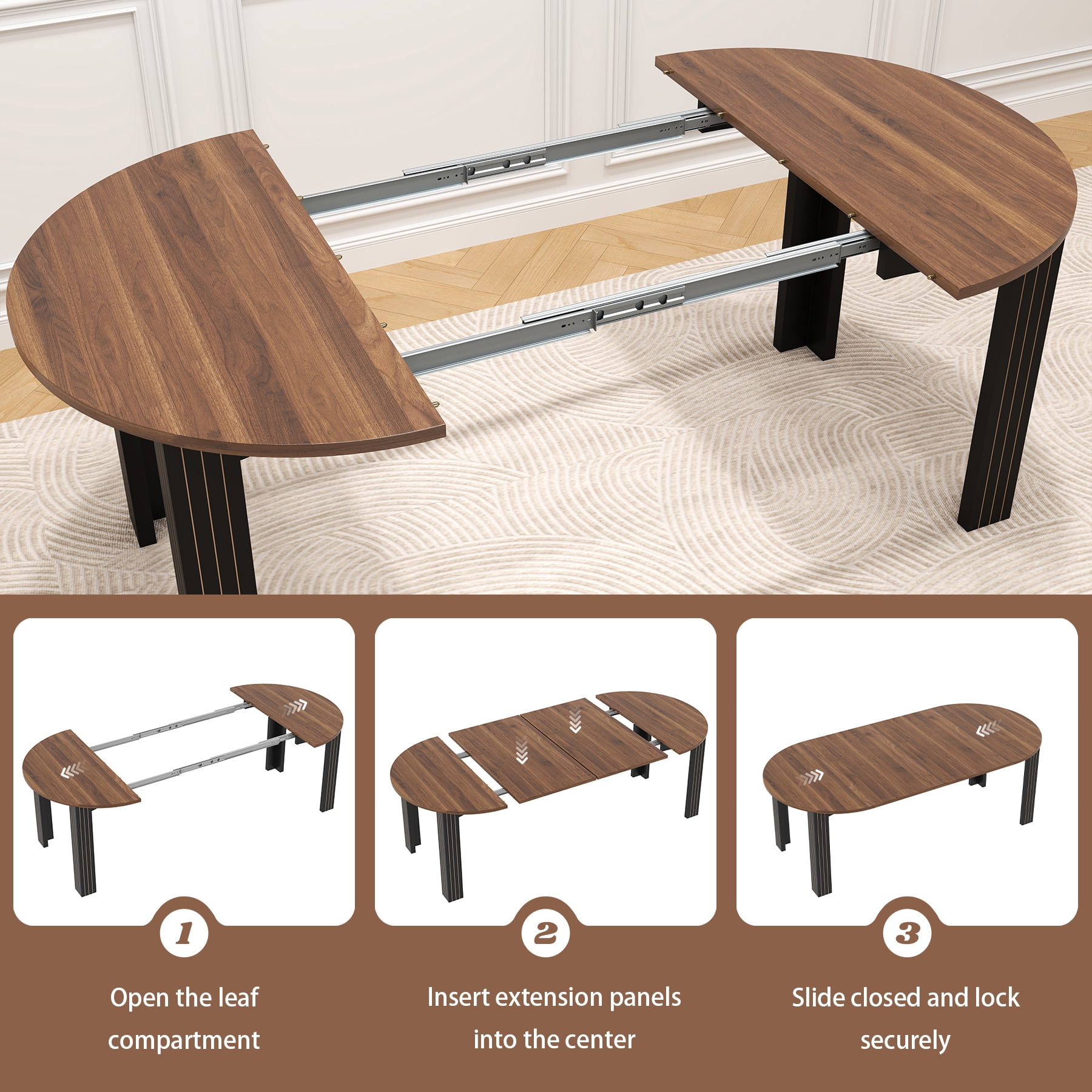 43-78 Inch Extendable Dining Table for 6-8 People, Modern Farmhouse Wood Kitchen Table with Oval Wooden Top and 2 Removable Leaves for Living Room, Breakfast, Restaurant, Dining Room(Walnut)