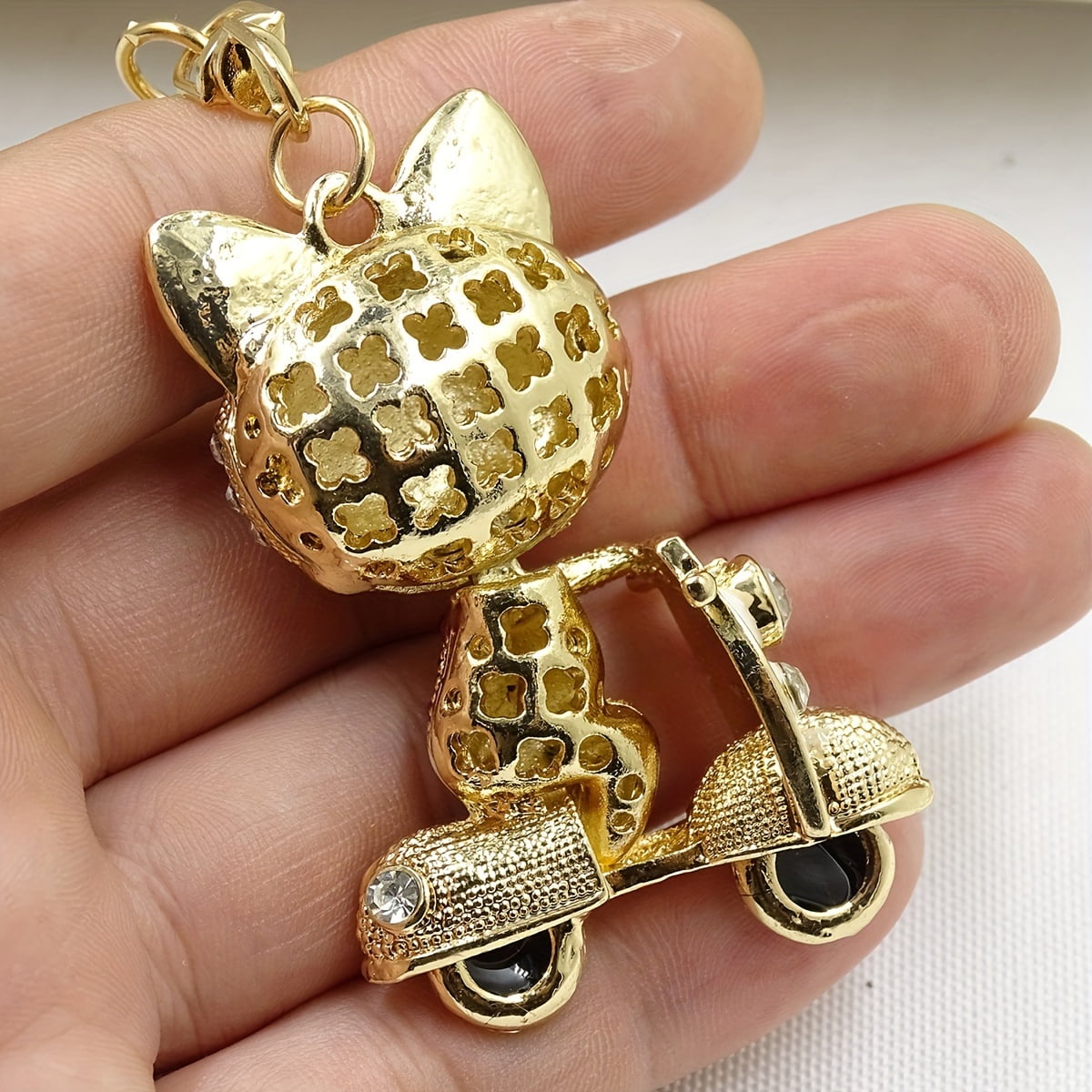 1 piece cute fox scooter keychain shiny rhinestone animal alloy key chain ring bag backpack hanging decoration car key pendant ladies girl gift