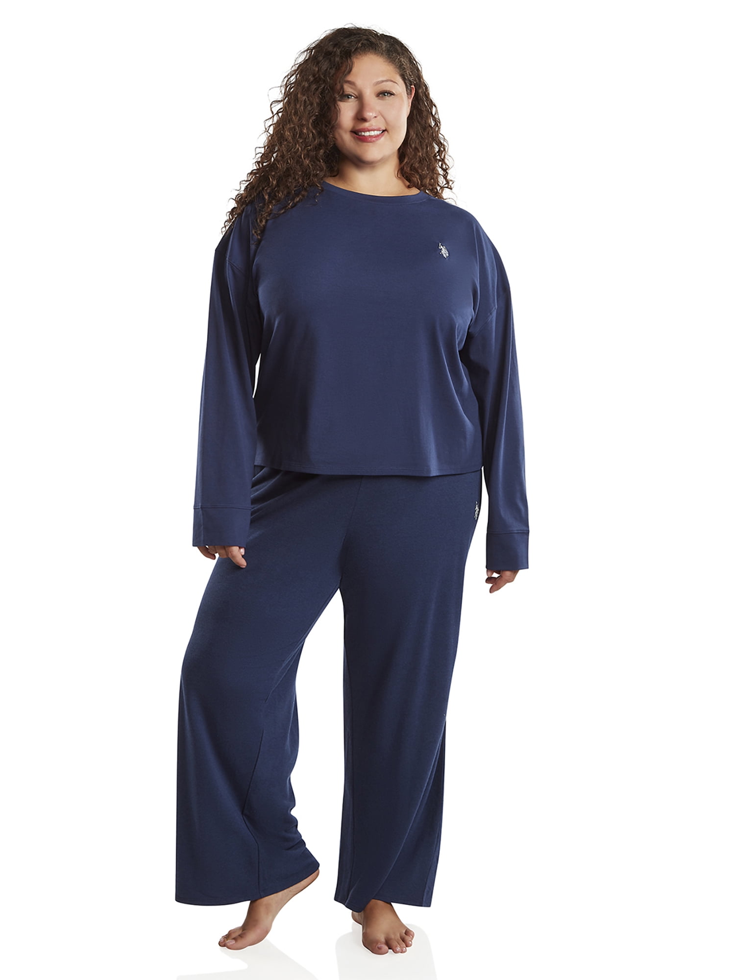 U.S. Polo Assn. Women's Long Sleeve Cotton Span Top and French Terry Wide Leg Pant Pajama Sleep Set, 2-Piece, Sizes S-3X