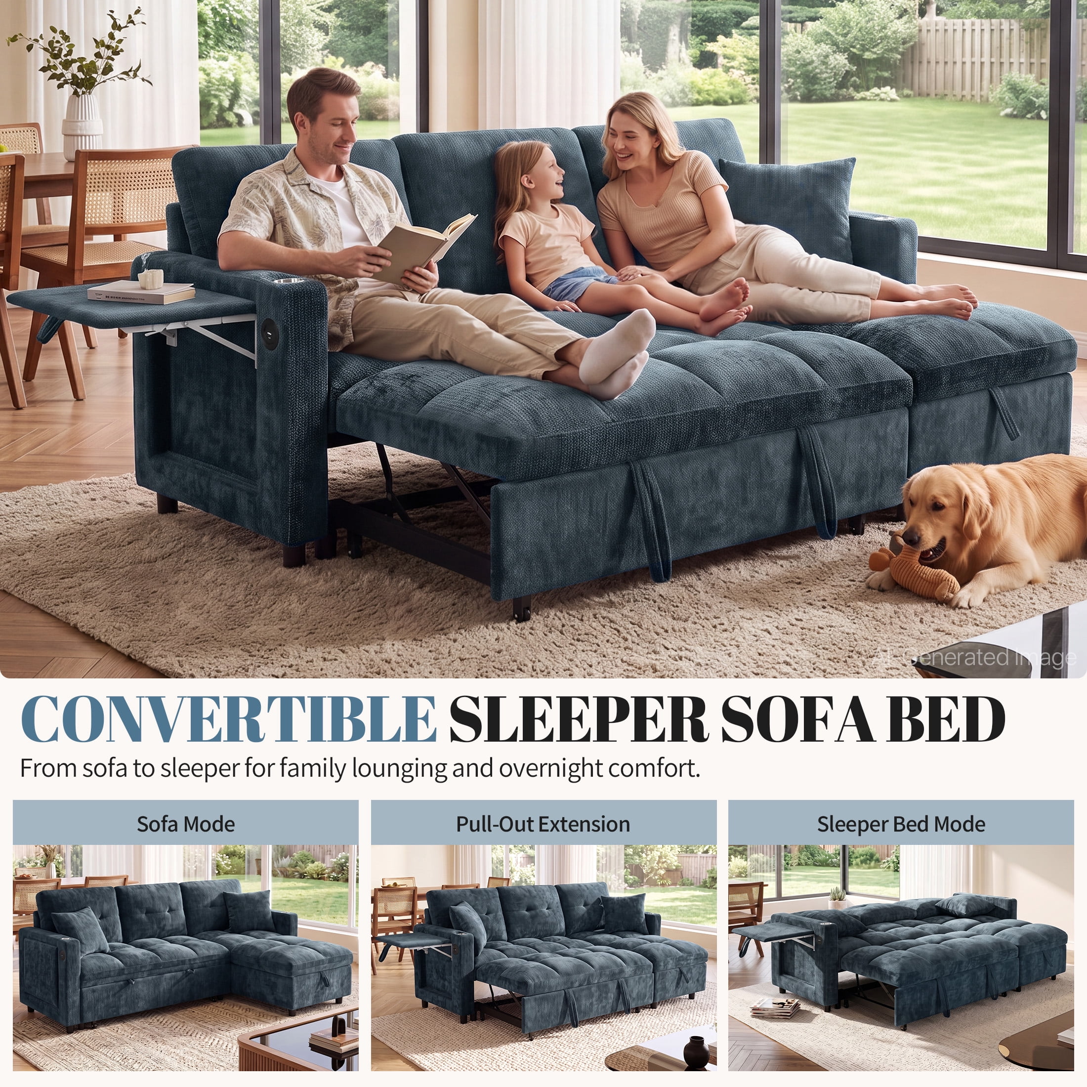 Aukfa 81" L Shape Sleeper Sectional Sofa Bed, Chenille Convertible Couch with Storage Chaise, Side Table & USB/Type-C Ports,Blue