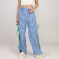 thumbnail image 4 of Women's Gingham Wide Leg Pants with Elastic Waistband Contrast Side Ribbon Tie Details - Blue, Large, 4 of 7