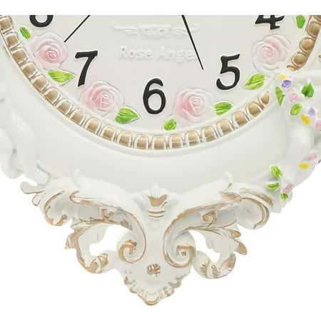 Decorative Wall Clock, 12x11In Small Vintage White Wall Clock Battery Operated Silent French Country Decor Wall Clocks for Farmhouse, Kitchen, Bedroom (Oval-Idyllic Carving)