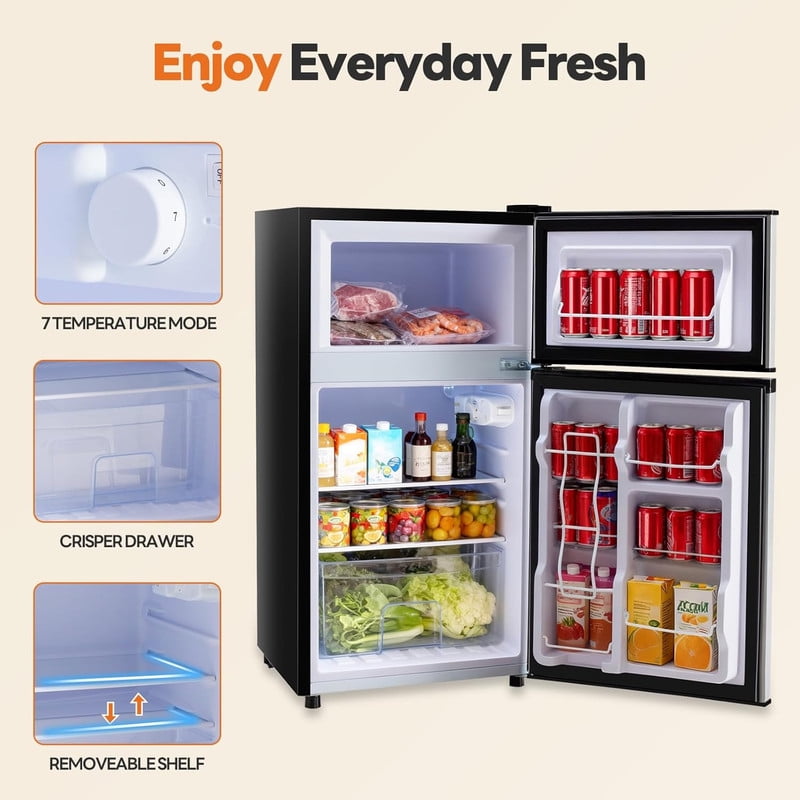 Simenmax Two-Door Refrigerator with Freezer, 3.2 Cu.Ft Mini Fridge Ultra-Quiet Fridge for Bedroom, Dorm, Office,Black