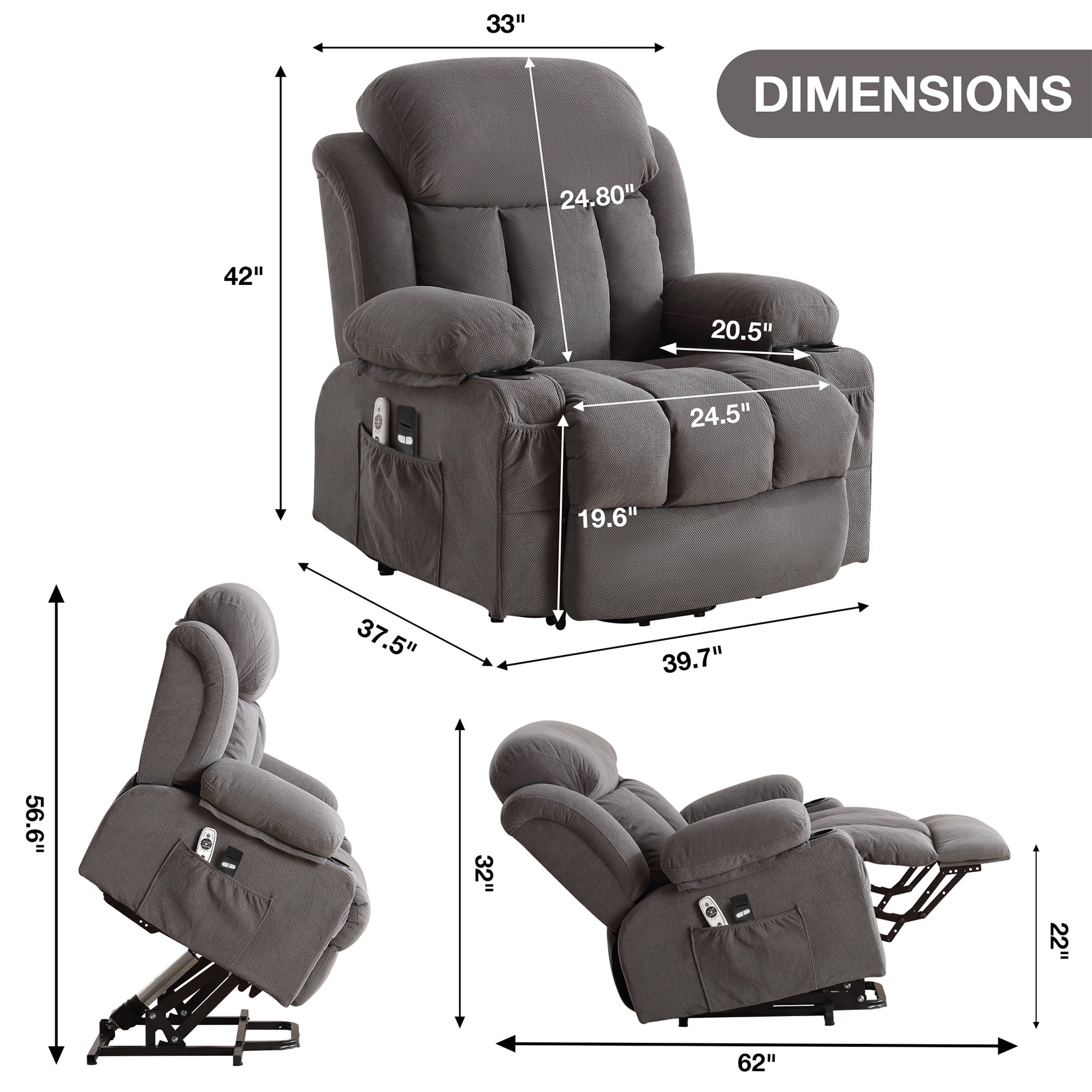 Electric Power Lift Recliner Chair with Heat, Massage, Side Pocket, USB Charge Port, Remote Control