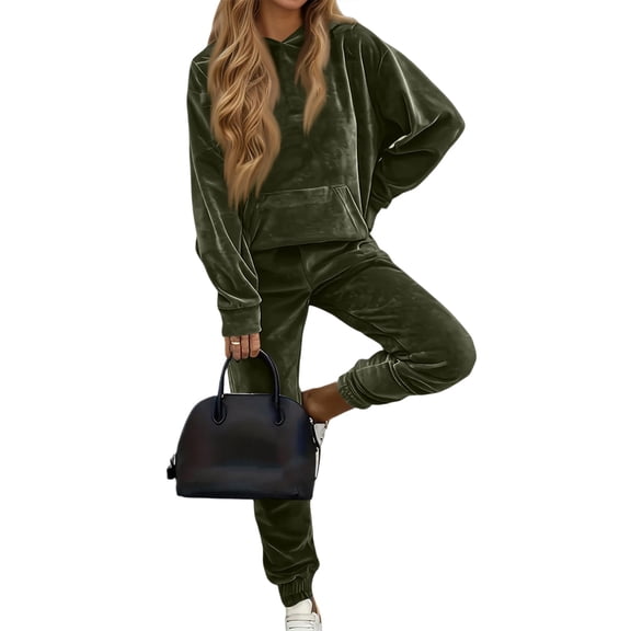 longantii Velour Lounge Sets for Women 2 Piece Velvet Tracksuits Jogging Hoodie Sweatsuits Soft Sports Leisure Jogger Outfit Army Green S