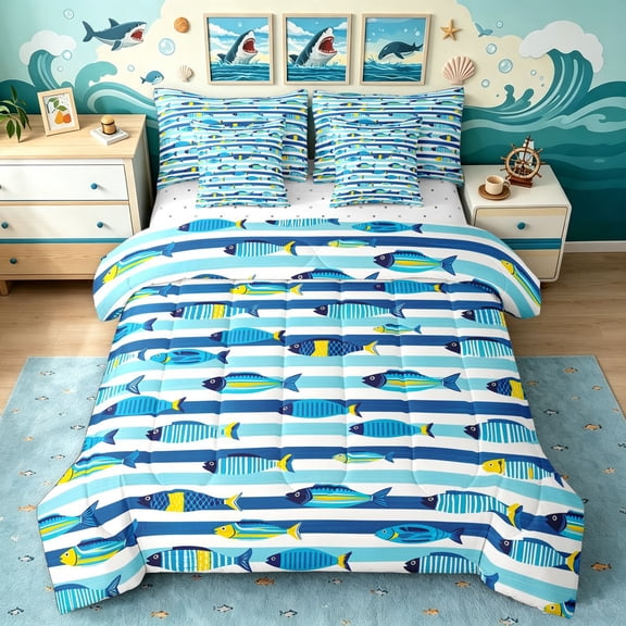 Manfei Artistic Fish Twin Bedding, Sea Striped Bedding Comforter Set, Blue, Reversible, 7-Piece