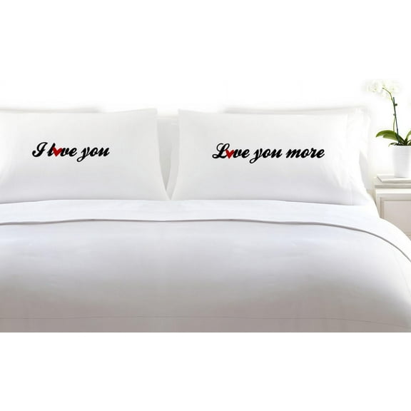 I Love You - Love You More Heart Set of 2 Pillowcases for Couples Bedroom (King, White)