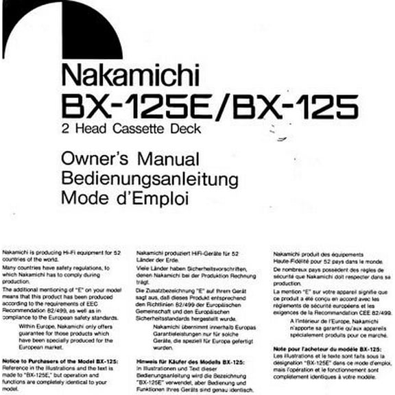 Instruction Manual ONLY for Nakamichi BX-125 BX-125E Cassette Deck Owners Instruction Manual REPRINT