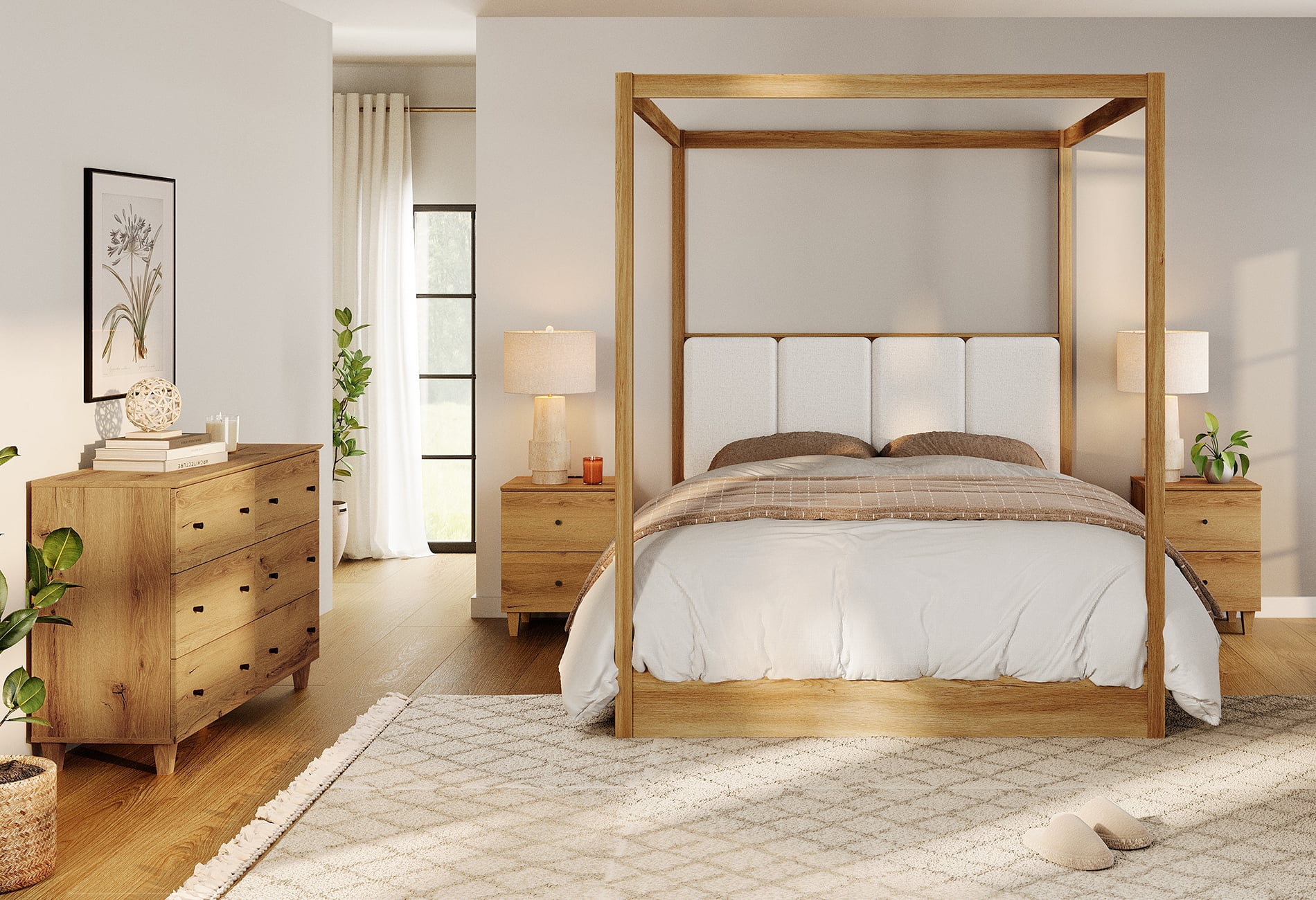 WAMPAT Modern Queen Size Canopy Bed Frame with 2 Charging Nightstands and 6-Drawer Dresser, Oak Brown