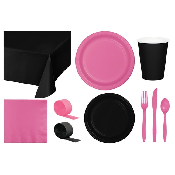 Baxters Party Bundle Bulk, Tableware for 24 People Black and Candy Pink, 2 Size Plates Napkins, Paper Cups Tablecovers and Cutlery, Box of 199