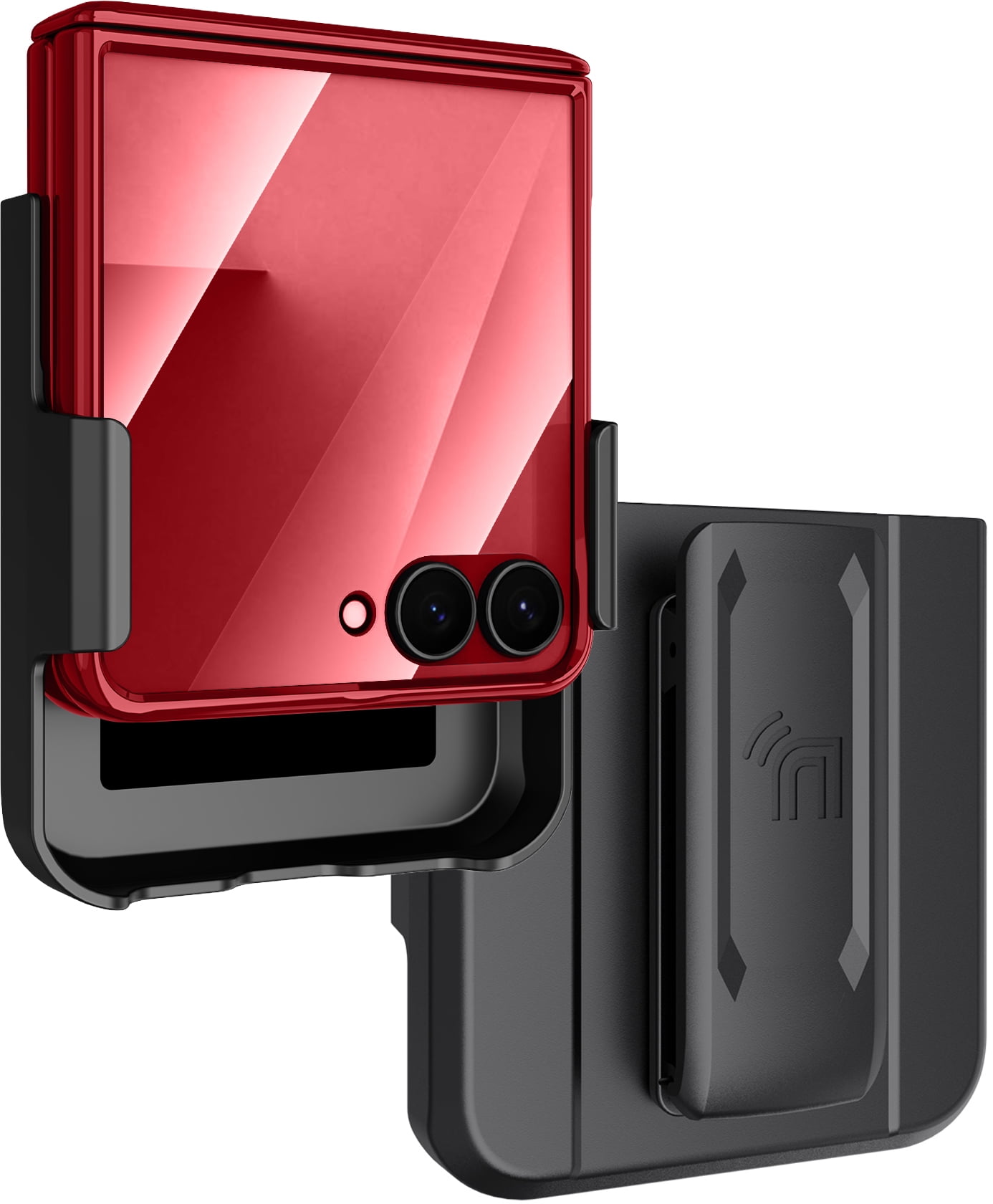 Nakedcellphone Electro Combo for Samsung Galaxy Z Flip 7 Phone Case with Belt Clip Holster Holder - Built-In Screen Protector - Hinge Cover - Compatible with MagSafe - Red/Clear