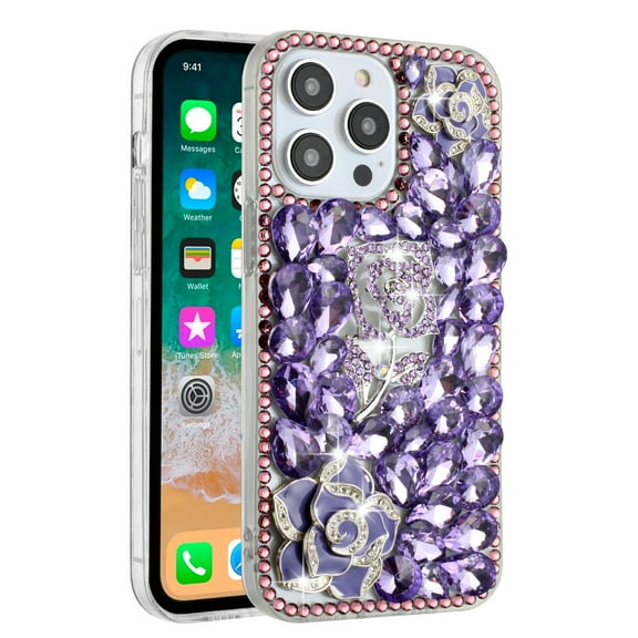 For Apple iPhone 14 Pro (6.1") Flowers Bling Crystal 3D Full Diamonds Luxury Sparkle Rhinestone Glitter Hybrid Cover ,Xpm Phone Case [ Floral Purple ]