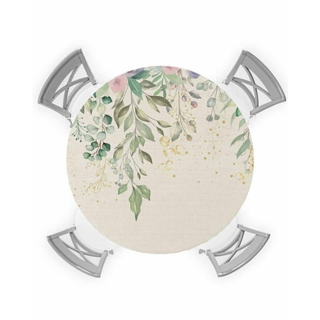 

Round Tablecloth with Elastic Purple Flowers Eucalyptus Leaves Vintage Watercolor Waterproof Stain-proof Table Cover Wipeable Fitted Table Cloths for 36 -44 Round Tables Dining Kitchen
