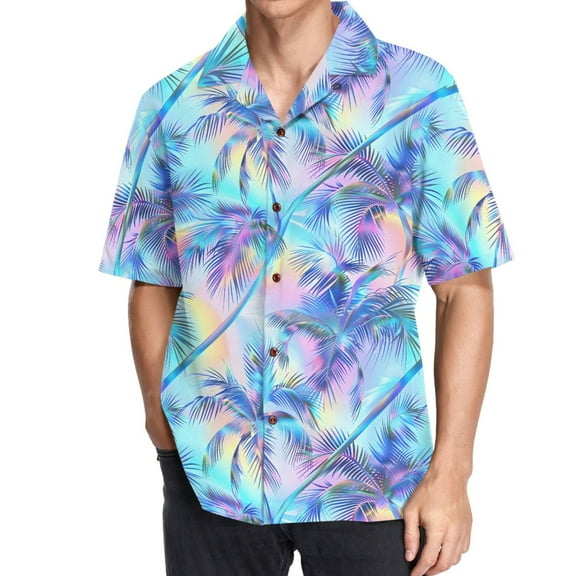 joogoo Men's Hawaiian Shirt Rainbow Pattern Plam Trees Short Sleeve Casual Button Down Shirts 2XL