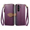 thumbnail image 4 of For Samsung Galaxy A26 5G Wallet Phone Case,PU Leather Flip Fold Kickstand,With Wrist Strap+Shoulder Strap,Card Holder,Zipper Pocket,Leaf Design Magnetic Closure Shockproof Durable Case,Purple, 4 of 16