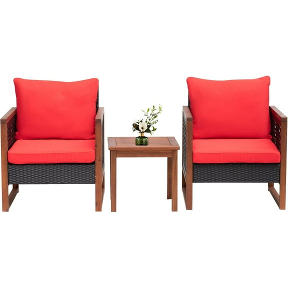 PayLessHere 3 Pieces Patio Set Acacia Wood with Coffee Table and Water Resistant Cushions(Red)