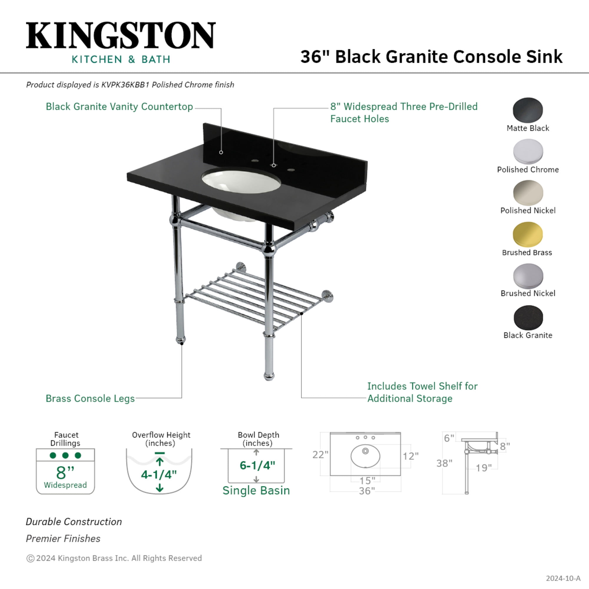 Kingston Brass KVPK36KBB8 Templeton 36" Black Granite Console Sink with Brass Legs and Shelf (8-Inch, 3-Hole), Black Granite/Brushed Nickel